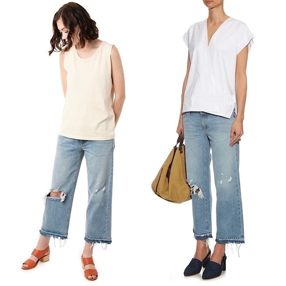 SIMON MILLER Low Rise Distressed Japanese Denim Wide Leg Raw Hem Crop Jean 26 - Picture 1 of 8